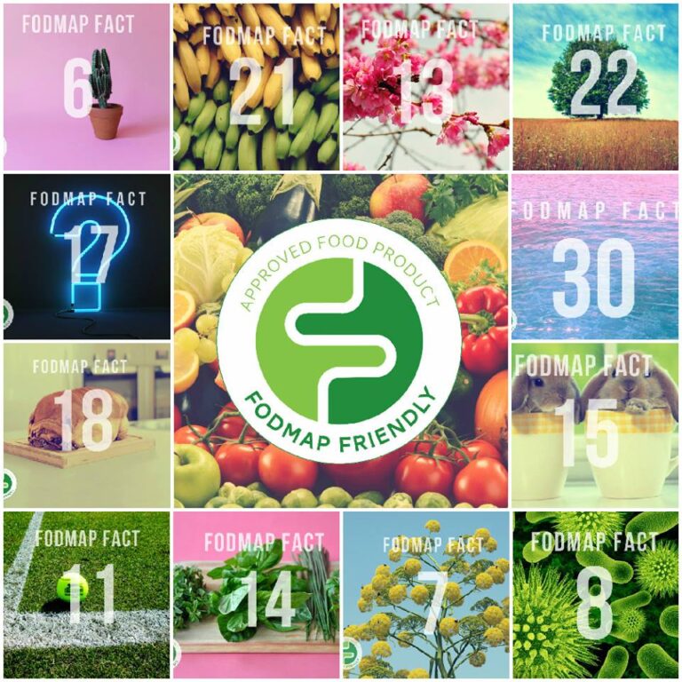 A collage with the FODMAP Friendly logo at the centre, surrounded by twelve colourful squares featuring various foods, plants, and nature scenes, each labelled with “FODMAP FACT” and a different number.