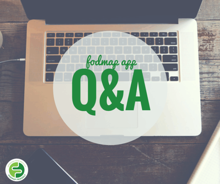 A laptop on a wooden table with a circle overlay that reads fodmap app Q&A in green text. A small logo with Certified FODMAP Friendly is in the bottom left corner.