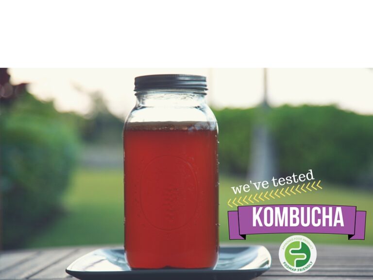 A jam jar filled with kombucha sits on a plate outdoors, with blurred greenery in the background. Text reads we’ve tested KOMBUCHA along with a Food & Foodways Programme logo.