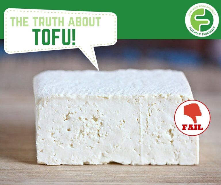 A block of tofu sits on a wooden surface. A speech bubble says, The truth about tofu! There is a red FAIL stamp with a thumbs-down icon and a FODMAP Friendly certification logo in the corner.
