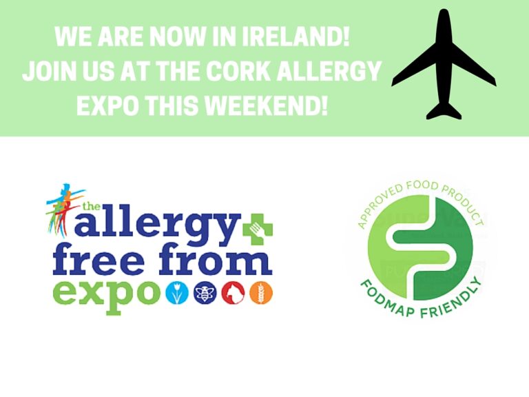 Green banner with bold text: We are now in Ireland! Join us at the Cork Allergy Expo this weekend! Aeroplane icon at top right. Below are logos for the Allergy Free From Expo and FODMAP Friendly Approved Food Product.