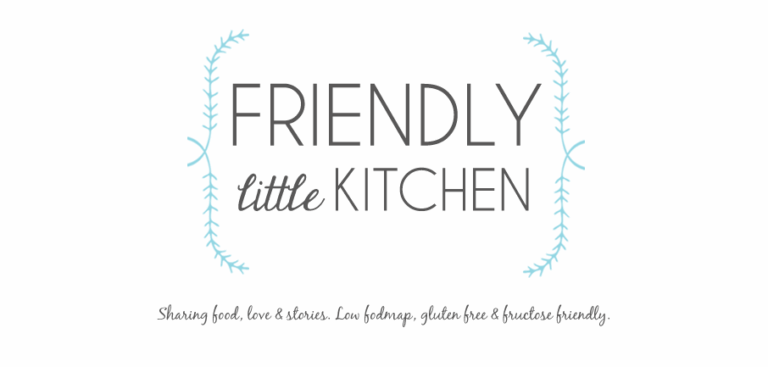The image displays the logo for Friendly Little Kitchen with decorative blue branches. Below, it reads: Sharing food, love & stories. Low FODMAP, gluten-free & fructose-friendly.