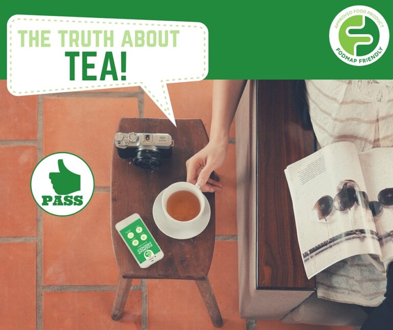 A person sits on a sofa holding a cup of tea, with a magazine, camera, and phone on a wooden table. Text reads The truth about tea! with a green PASS thumbs-up and FODMAP Friendly logo.