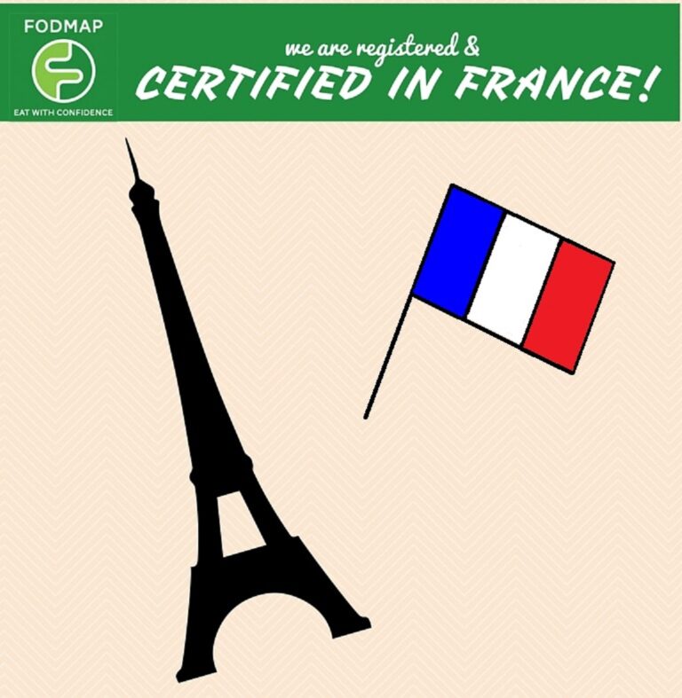 Green banner with FODMAP Eat With Confidence logo and text we are registered & certified in France! Above, a black Eiffel Tower silhouette and a French flag are shown.