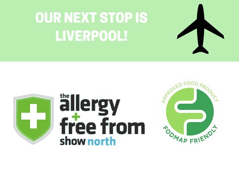Graphic with the text Our next stop is Liverpool! and an aeroplane icon above logos for The Allergy + Free From Show North and FODMAP Friendly Approved Food Product.