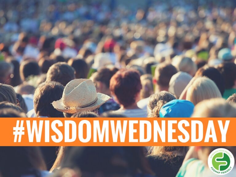 A large crowd of people viewed from behind, with some wearing hats, and an orange banner across the image displaying #WISDOMWEDNESDAY in bold white text. A green circular logo appears in the lower right corner.