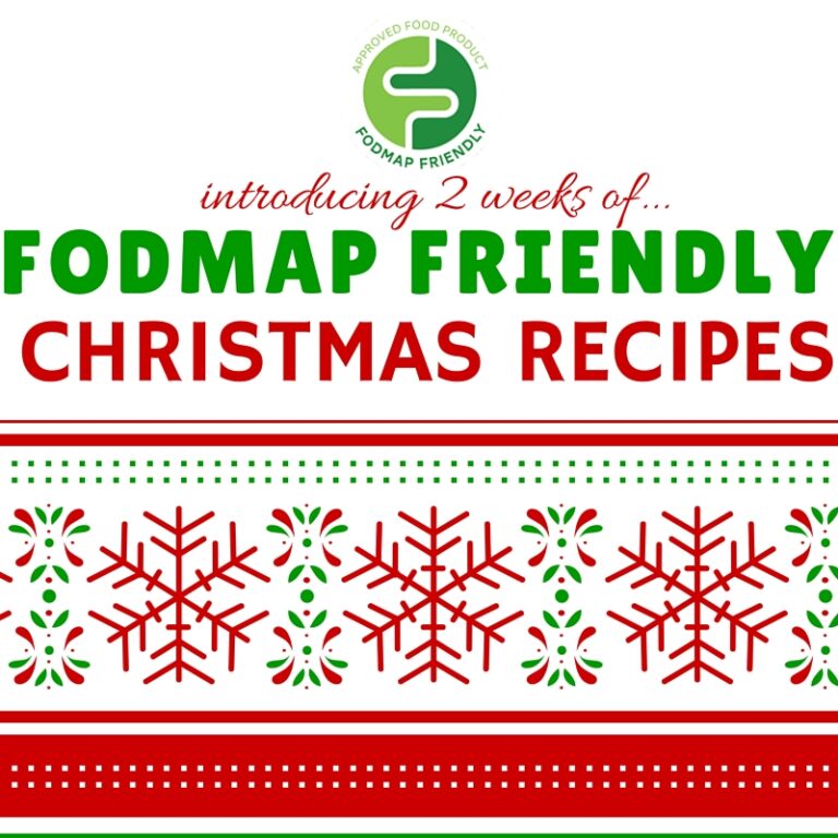 A festive graphic with red and green snowflakes and text that reads, Introducing 2 weeks of... FODMAP Friendly Christmas Recipes. The FODMAP Friendly logo is at the top.