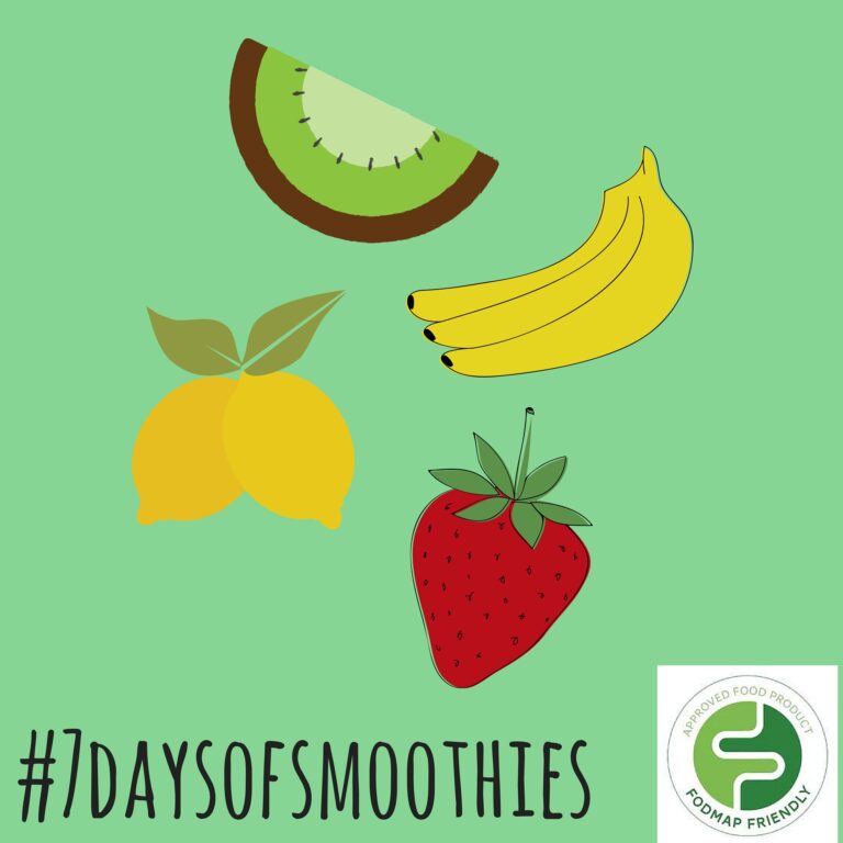 Illustration of a kiwi slice, two bananas, two lemons, and a strawberry on a green background, with the text #7daysofsmoothies and a FODMAP FRIENDLY certification logo in the corner.