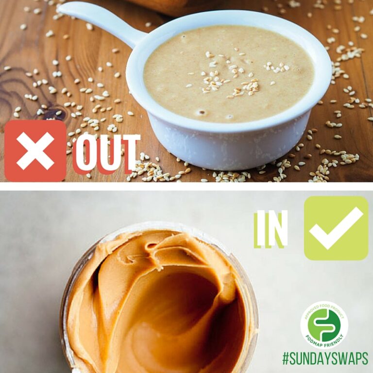 A bowl of tahini labelled with a red X and OUT above a jar of peanut butter labelled with a green tick and IN, suggesting to swap tahini for peanut butter. #SUNDAYSNAPS is in the corner with a logo.