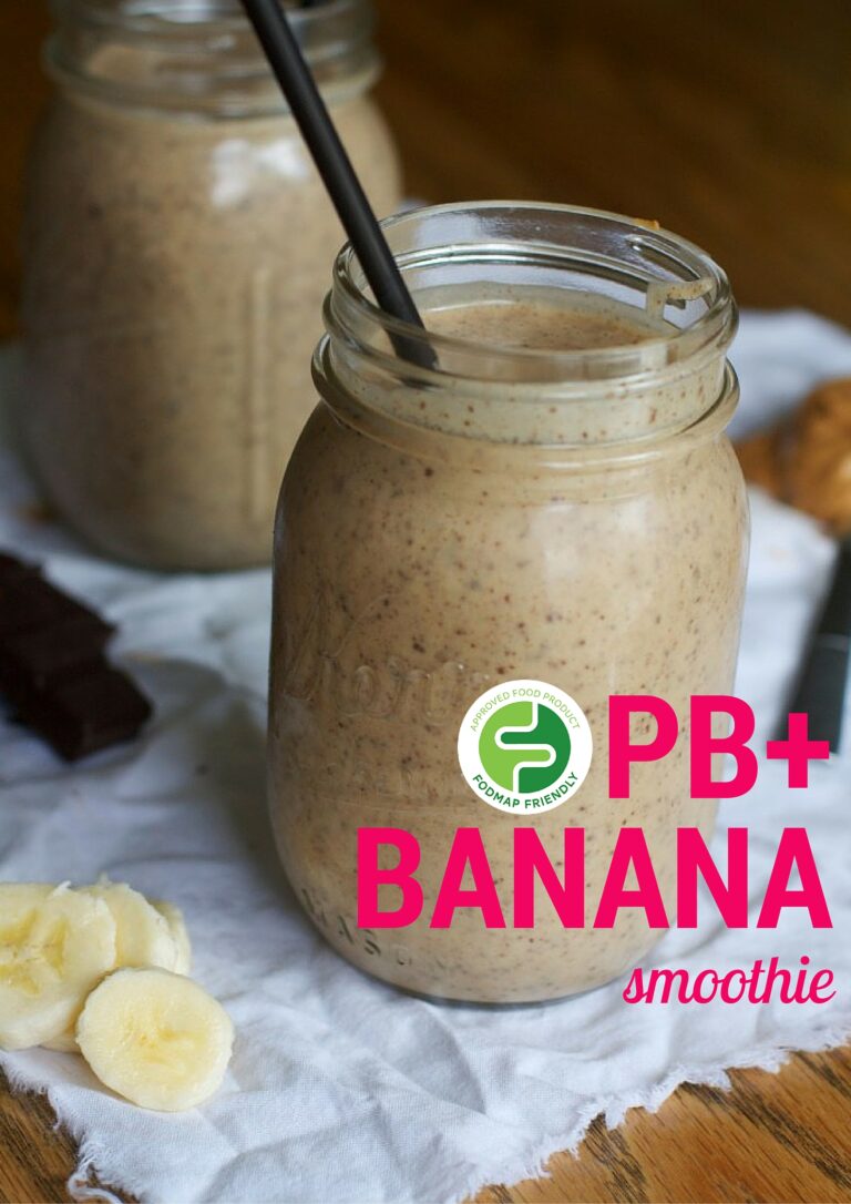 A jam jar filled with a peanut butter banana smoothie and a black straw, with banana slices, peanut butter, and chocolate pieces nearby. Text on the image reads: PB + BANANA smoothie.