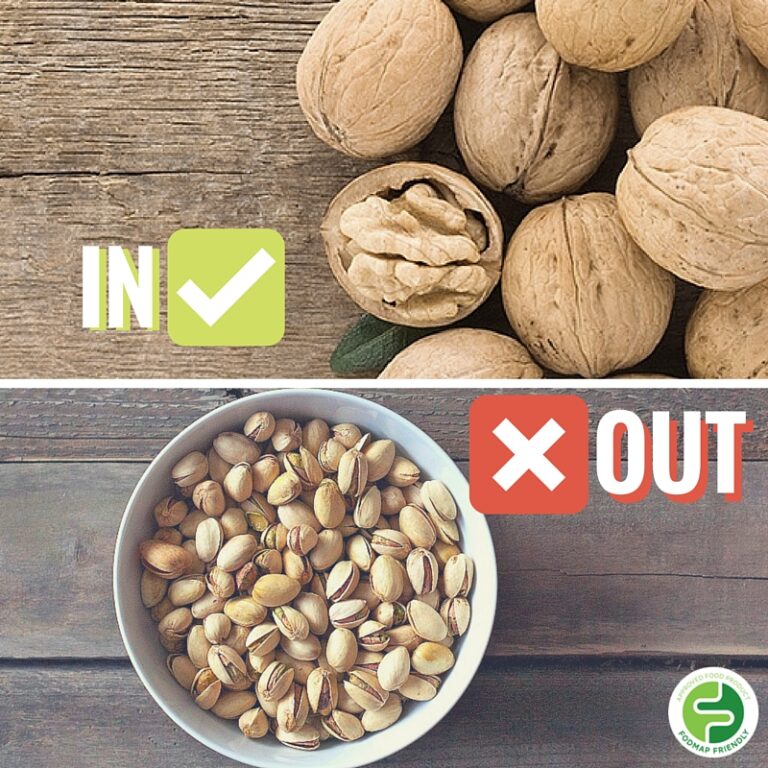 Top: Walnuts with IN and a tick mark. Bottom: Bowl of pistachios with OUT and a cross mark. A green logo is in the lower right corner.