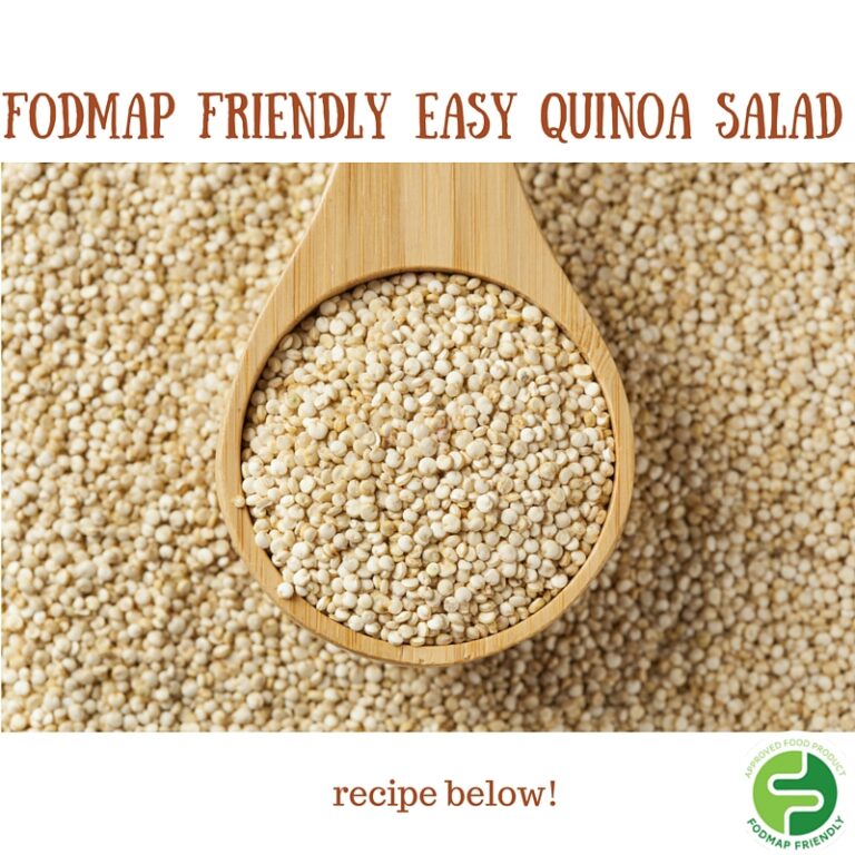 A wooden spoon filled with uncooked quinoa rests on a pile of more quinoa. Text above reads FODMAP Friendly Easy Quinoa Salad. Text below says recipe below! with a green FODMAP friendly logo in the corner.