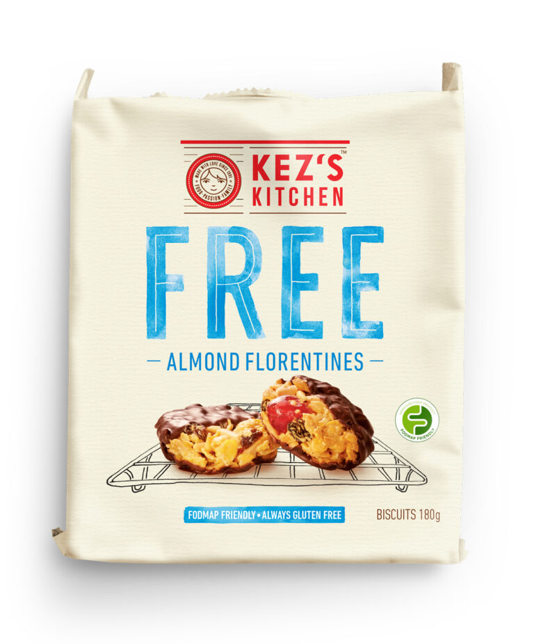 A packet of Kezs Kitchen Free Almond Florentines, labelled as FODMAP friendly and always gluten free, featuring an image of two chocolate-dipped almond biscuits on a wire rack. The packet is 180g.