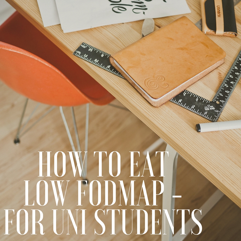 A desk with a notebook, rulers, a pen, and an orange chair. White text on the image reads, How to eat low FODMAP – for uni students.