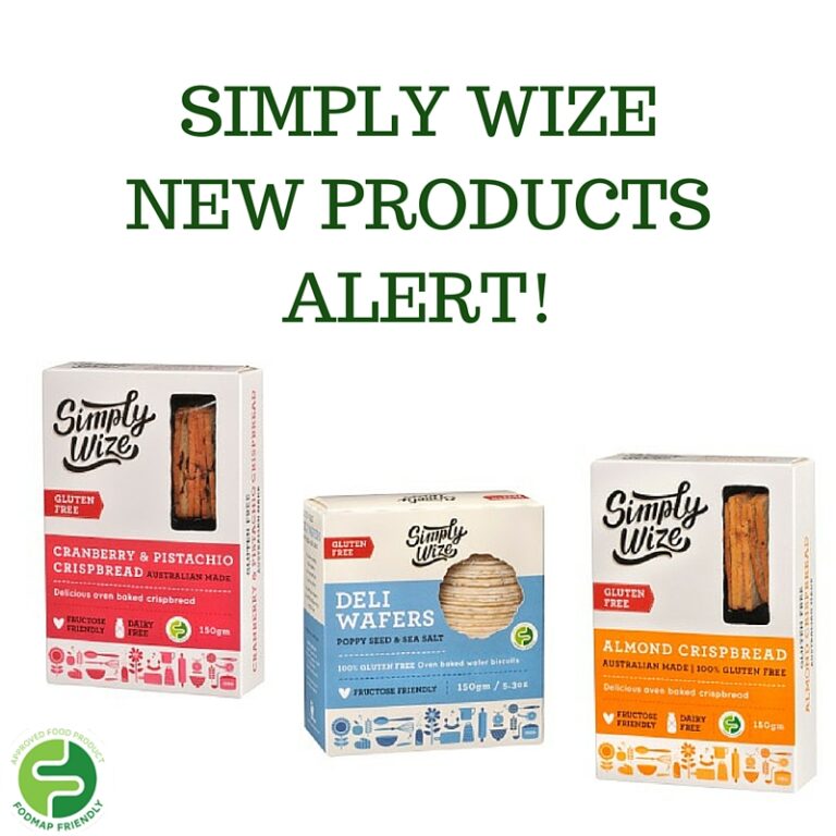 Boxed Simply Wize gluten free products—Cranberry & Pistachio Crispbread, Deli Wafers Poppy Seed & Sea Salt, and Almond Crispbread—are shown with text: SIMPLY WIZE NEW PRODUCTS ALERT! and a round logo at the bottom left.
