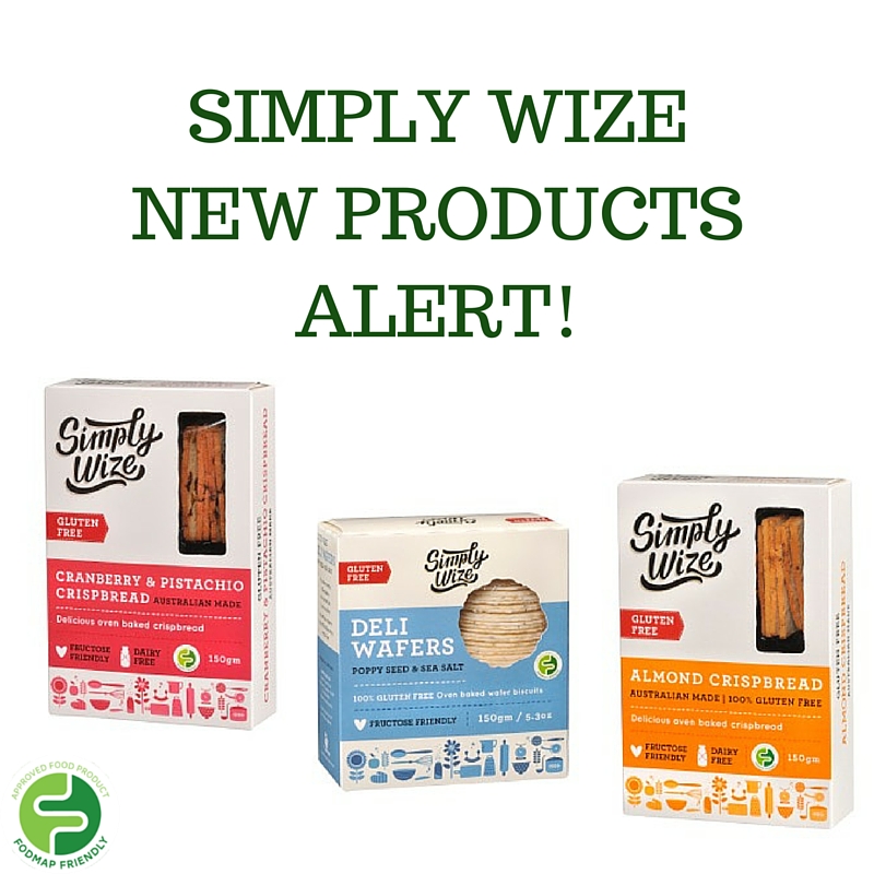 Boxed Simply Wize gluten free products—Cranberry & Pistachio Crispbread, Deli Wafers Poppy Seed & Sea Salt, and Almond Crispbread—are shown with text: SIMPLY WIZE NEW PRODUCTS ALERT! and a round logo at the bottom left.