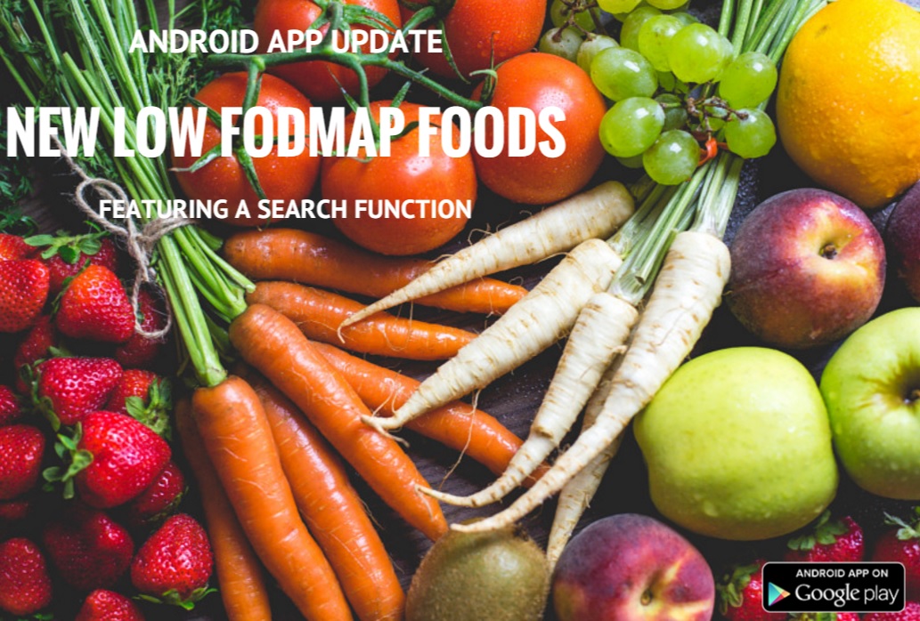 A colourful assortment of fresh fruit and vegetables, including carrots, parsnips, apples, grapes, strawberries, and tomatoes, with text about an Android app update for new low FODMAP foods featuring a search function.