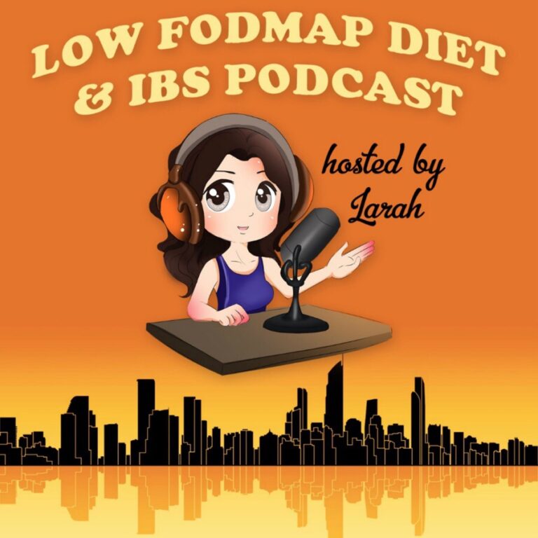 Illustration of a podcast cover titled Low FODMAP Diet & IBS Podcast hosted by Larah, featuring a cartoon woman with headphones speaking into a microphone above a city skyline on an orange background.