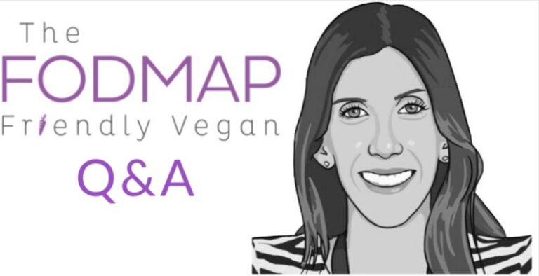 Illustrated portrait of a smiling woman with long hair next to the text The FODMAP Friendly Vegan Q&A.