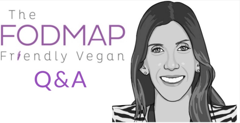 Illustrated portrait of a smiling woman with long hair next to the text The FODMAP Friendly Vegan Q&A.