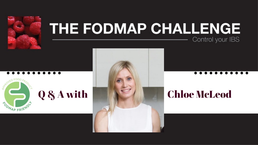 A promotional graphic for The FODMAP Challenge featuring a smiling woman, Chloe McLeod, and text announcing a Q&A session. FODMAP Friendly logo and Control your IBS slogan are also shown.