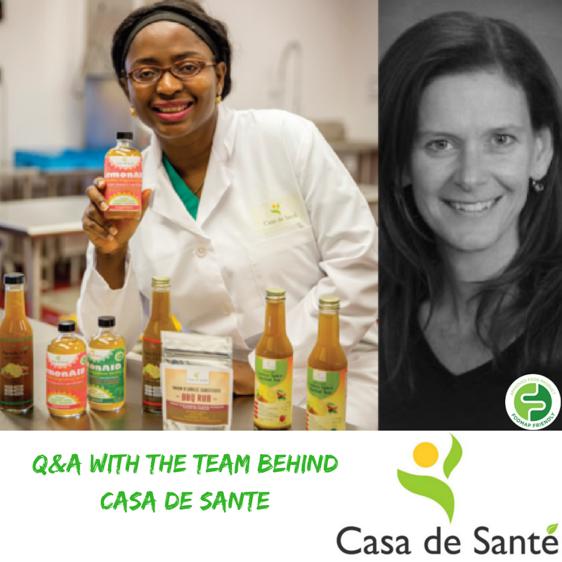 Two women featured: one in a lab coat and headscarf smiling, holding a drinks bottle with various Casa de Santé products on a table; the other in a black-and-white portrait. Casa de Santé logo and text included.