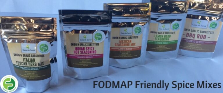 Five Casa de Sante FODMAP-friendly spice mixes in silver pouches are lined up, each labelled with different flavours: Italian Herb, Indian Spicy, Mexican, Lemon Herb, and BBQ Rub.