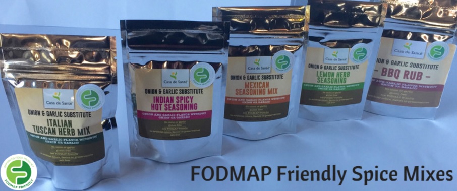 Five Casa de Sante FODMAP-friendly spice mixes in silver pouches are lined up, each labelled with different flavours: Italian Herb, Indian Spicy, Mexican, Lemon Herb, and BBQ Rub.