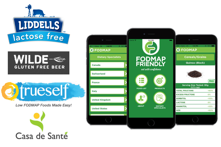 Logos for Liddells, Wilde, trueself, and Casa de Santé are on the left. On the right are three mobile phones displaying the FODMAP Friendly app interface with dietary info, food lists, and product ratings.