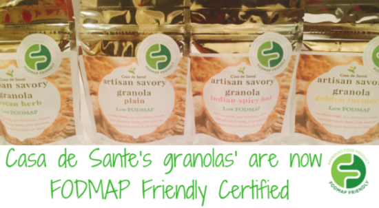 Four packs of Casa de Sante artisan savoury granola in different flavours are displayed, with a green FODMAP Friendly logo and text announcing their FODMAP Friendly Certification.