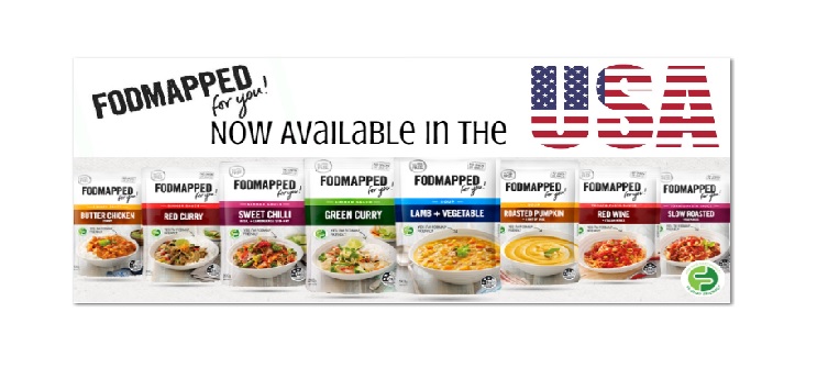 A banner reads FODMAPPED for you! Now available in the USA above images of seven packaged meal products, including butter chicken, red curry, sweet chilli, green curry, lamb & vegetable, roast pumpkin, and red wine braised beef.