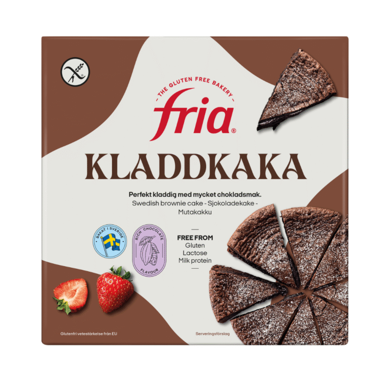 A box of Fria Kladdkaka, a rich gluten-free brownie cake from Sweden. The packaging features a sliced chocolate cake, strawberry, and icons showing it’s gluten-free, lactose-free, and free from milk protein.