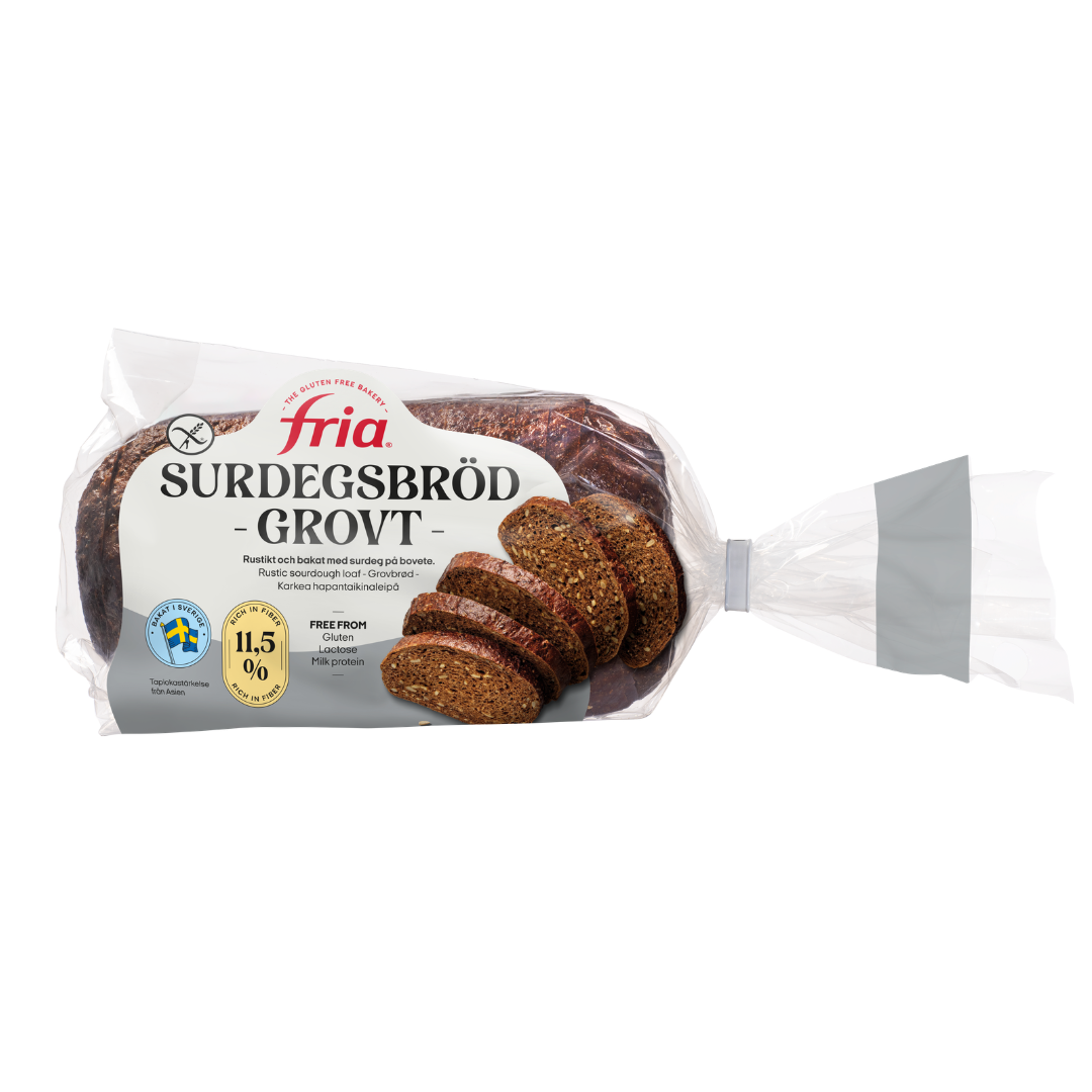 A packaged loaf of Fria Gluten-Free Sourdough Bread, partially sliced, in a clear bag with a grey seal. The label highlights its Surdegsbröd name, gluten-free status, and nutritional information.