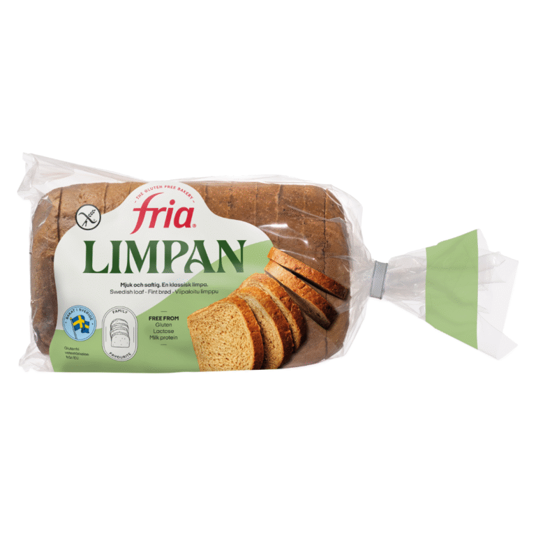 A packaged loaf of Fria Limpan bread with several slices visible through the clear plastic. The label highlights this gluten-free Swedish loaf and displays product information in Swedish.