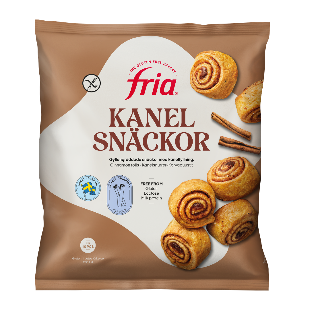 A brown and beige Fria Kanelsnackor bag of gluten-free cinnamon rolls, featuring images of Cinnamon Rolls and cinnamon sticks, with text highlighting that the product is free from gluten, lactose, and milk protein.
