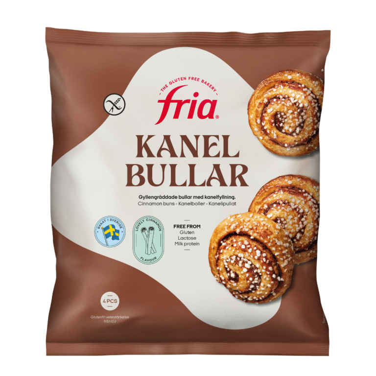 A brown and white package of Fria Kanelbullar, Swedish Gluten-Free Cinnamon Buns, featuring images of the buns and labels indicating the product is free from gluten, lactose, and milk protein.