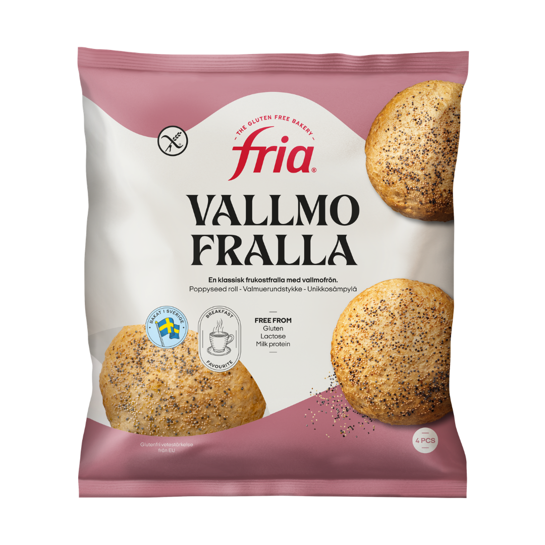 A packet of Fria Vallmofralla Gluten-Free Poppy Seed Roll. The pink and white packaging features images of the poppyseed rolls and labels highlighting their gluten-free and lactose-free qualities.