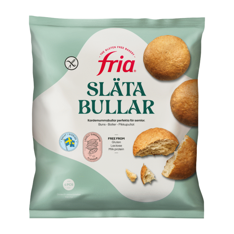 A bag of Fria Släta Bullar, delicious gluten-free Plain Buns. The green and white packaging features images of round buns and product information, highlighting that they are free from gluten, lactose, and milk protein.