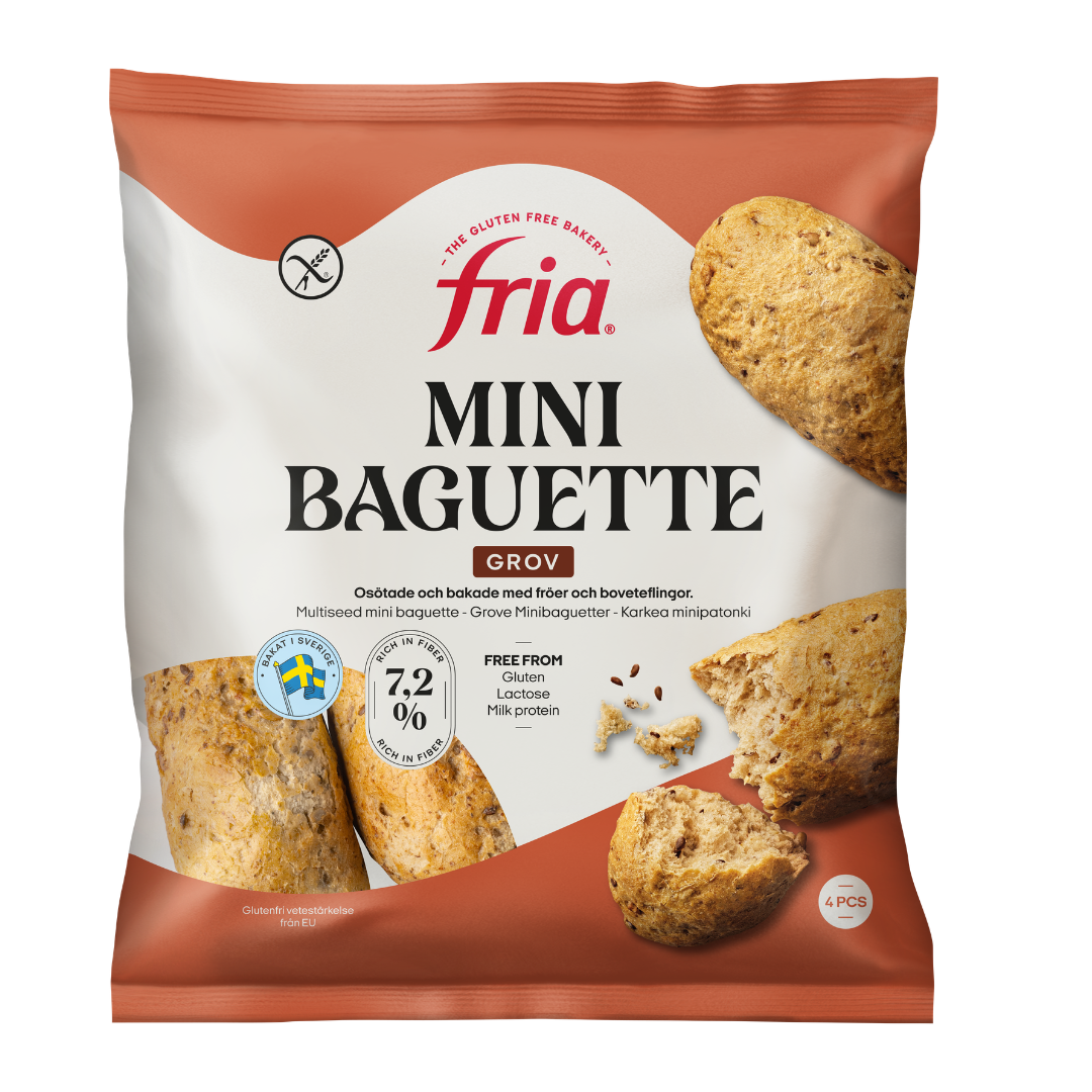 A bag of Fria Mini Baguettes, featuring images of gluten-free mini baguettes on the packaging. Label notes are in Swedish, highlighting high fibre and lactose-free. The pack contains four pieces of white baguettes.