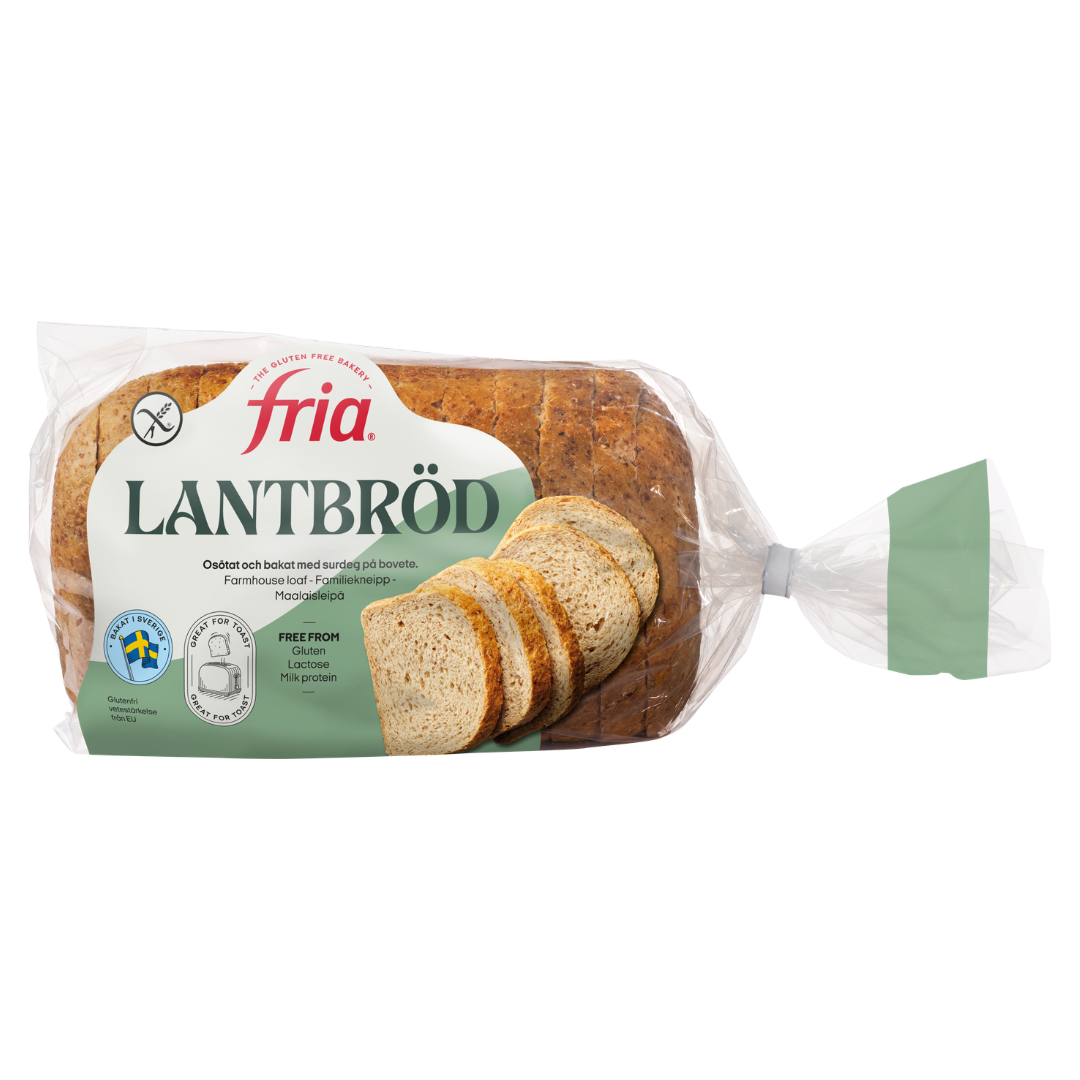 A pack of Fria Lantbröd Gluten-Free Farmhouse Loaf. The partially sliced bread is visible through clear packaging with green and white labelling and Swedish text.