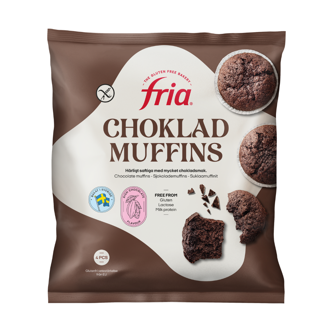 A packet of Fria Choklad Muffins, featuring images of whole and broken muffins. The packaging highlights that these Gluten-Free Chocolate Muffins are also lactose-free and milk protein-free.