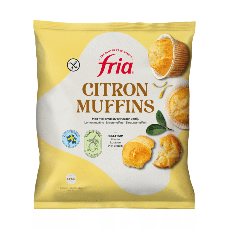 Yellow pack of Fria Citron Muffins, featuring images of Lemon Muffins, lemon zest, a cut muffin, and green leaves. Text highlights Gluten-Free Lemon Muffins that are also lactose-free and milk protein-free.