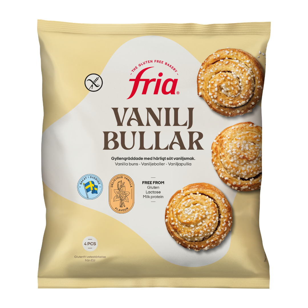 A beige package of Fria Vaniljbullar, featuring images of three gluten-free vanilla buns topped with pearl sugar. The pack highlights that these Gluten-Free Buns are milk protein free, with Swedish text and certification logos.