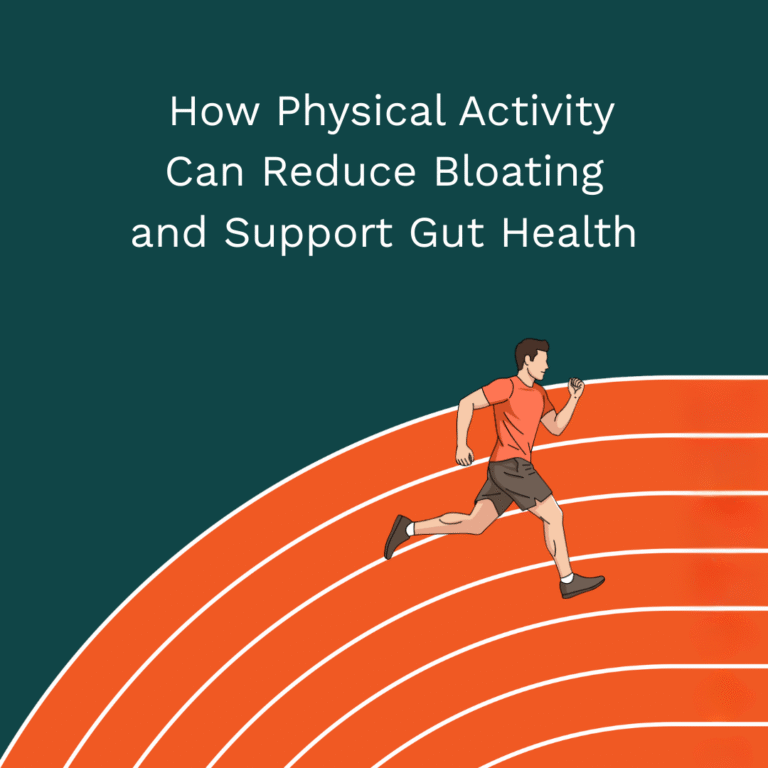 Illustration of a man running on a track with the text “How Exercise for IBS Can Reduce Bloating and Support Gut Health” on a dark green background.
