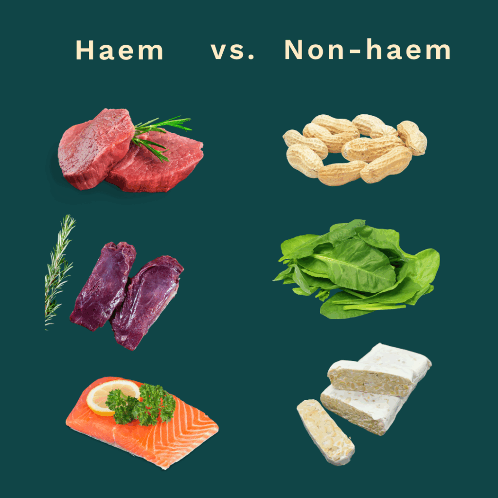 Split image showing Haem iron sources (beef steak, liver, salmon) on the left and Non-haem iron sources (peanuts, spinach, tempeh) on the right. Helpful for those with IBS or Irritable Bowel Syndrome looking for dietary iron options.
