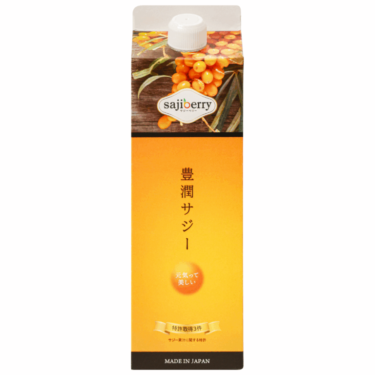 A carton of Finess Hojun Saji Sea Buckthorn Juice with an image of sea buckthorn berries, Japanese text in the centre, and a white cap. The orange and yellow packaging is labelled “Made in Japan.”.