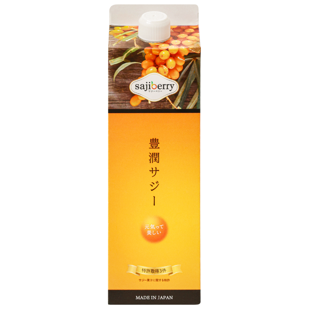 A carton of Finess Hojun Saji Sea Buckthorn Juice with an image of sea buckthorn berries, Japanese text in the centre, and a white cap. The orange and yellow packaging is labelled “Made in Japan.”.