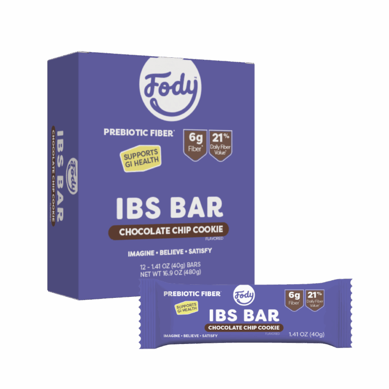 A box and wrapped chocolate chip Fody IBS high fibre snack bars, highlighting 6g fibre and 21% daily fibre value, with packaging text stating Supports GI Health and Prebiotic Fibre.