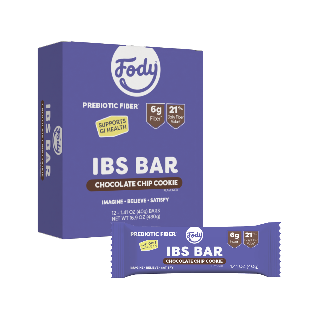 A box and wrapped chocolate chip Fody IBS high fibre snack bars, highlighting 6g fibre and 21% daily fibre value, with packaging text stating Supports GI Health and Prebiotic Fibre.