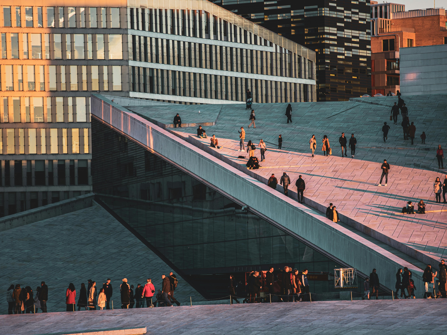 People walk and gather on the sloped, modern roof of a building at sunset, with sunlight casting warm hues. In the background, contemporary office buildings with many windows rise—a scene reminiscent of spaces designed by Gut Health Experts.